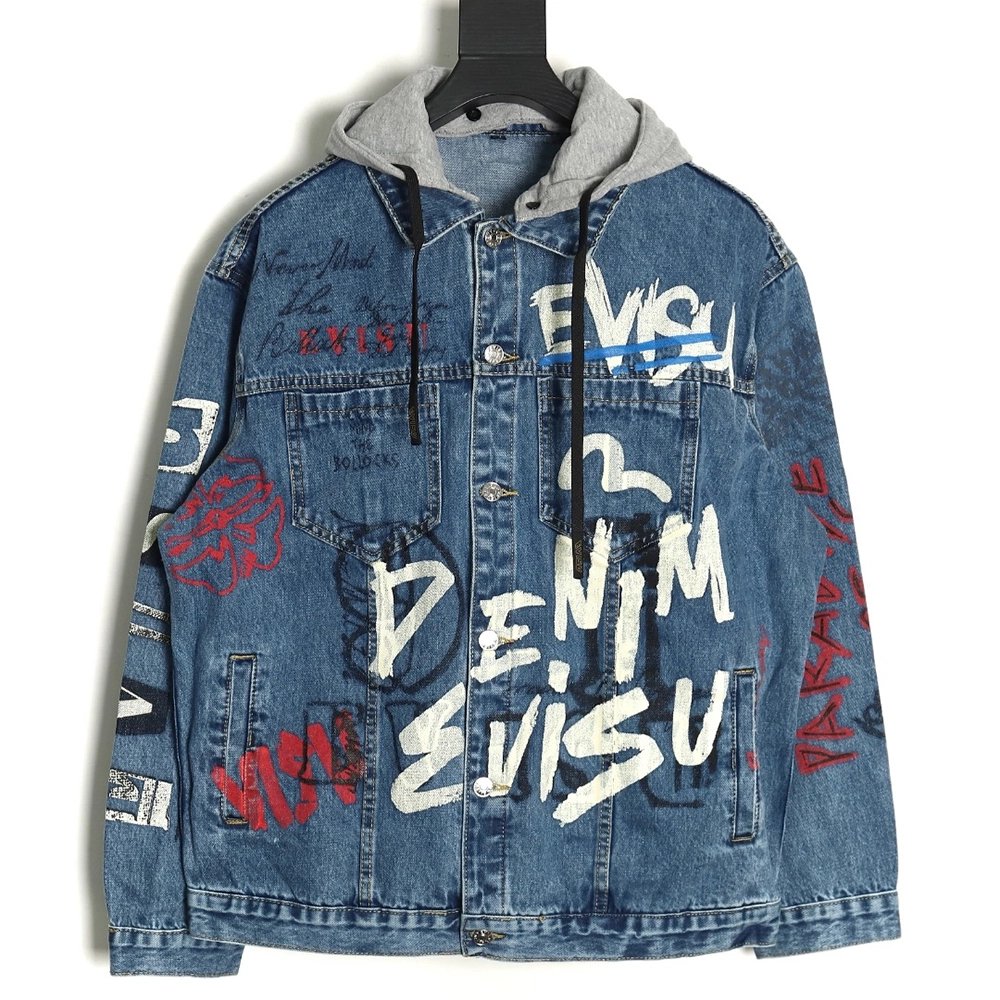 Evisu graffiti print hooded denim jacket,Evisu Jacket,Jacket,APPAREL