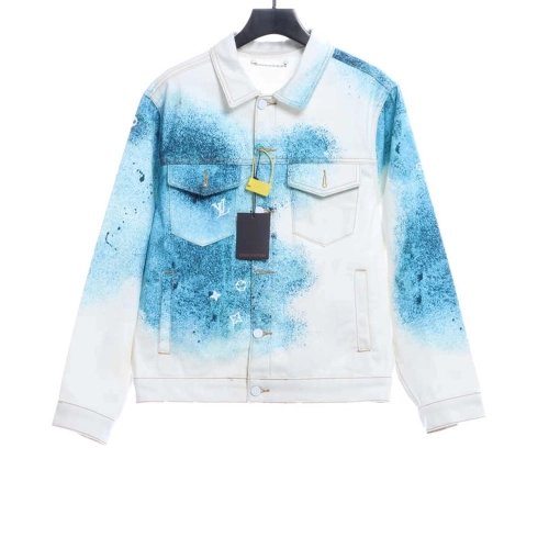 LV starry sky inkjet blue and white gradient denim jacket,Louis Vuitton Jacket,Jacket,APPAREL